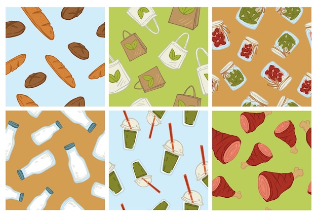 Conjunto de patrones decorativos con elementos alimenticios naturales