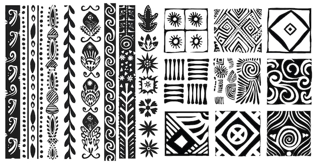 Vector conjunto de patrones decorativos étnicos en blanco y negro