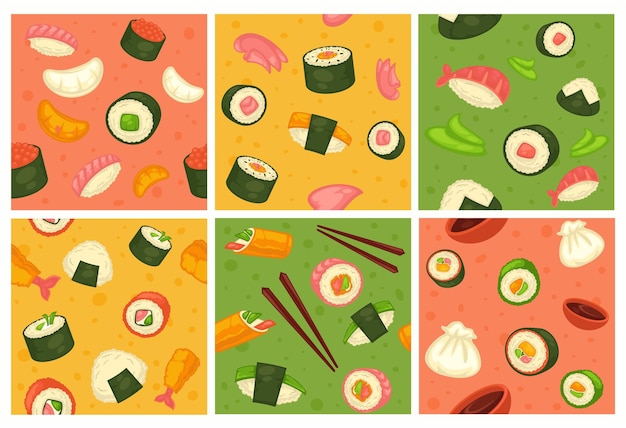 Vector conjunto de patrones decorativos con menú de sushi japonés.