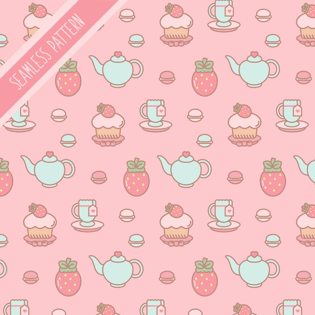 Conjunto de patrones editables de té rosa y fresas