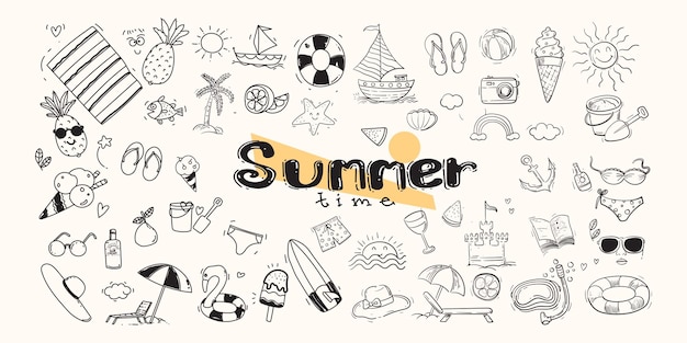 Conjunto de patrones de elementos de playa de verano diseño de garabateo ilustración de fondo