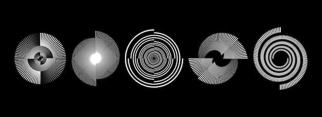 Conjunto de patrones espirales radiales blancos Colección de formas de líneas de velocidad giratorias circulares Sonido de círculo giratorio