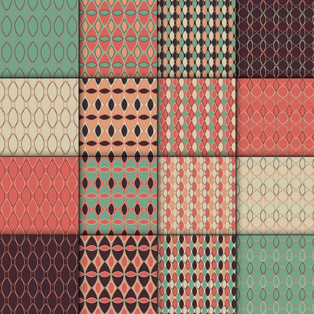 Conjunto de patrones de estilo retro sin fisuras. Simple colección de texturas geométricas. Conjunto de 16 backgro
