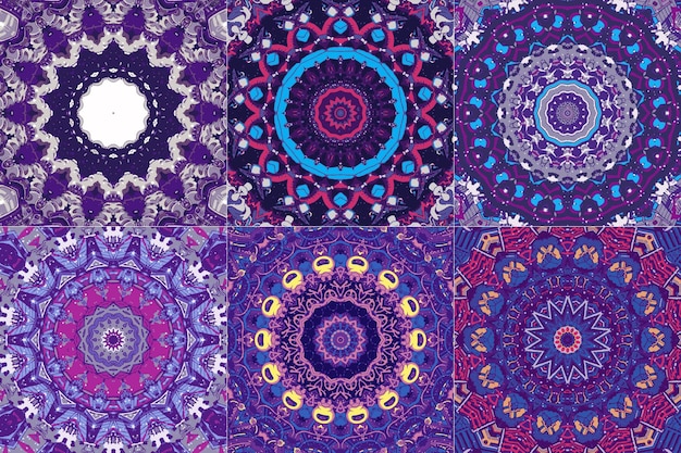 Conjunto de patrones étnicos abstractos con elementos geométricos.