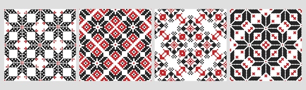 Conjunto de patrones étnicos sin costuras Patrones geométricos abstractos de dos colores Motivos étnicos Estampado textil
