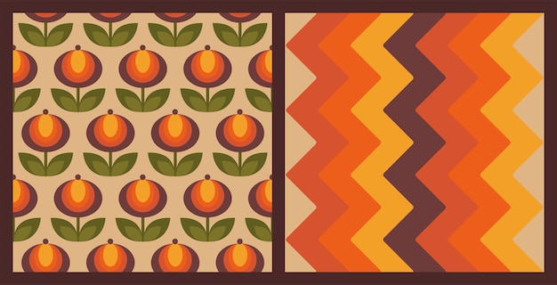 Conjunto de patrones sin fisuras abstractos de los años 70: flores y zigzag en colores ocres degradados. estilo retro, fondo vintage geométrico. ilustración vectorial dibujada a mano. papel pintado colorido de los años setenta.