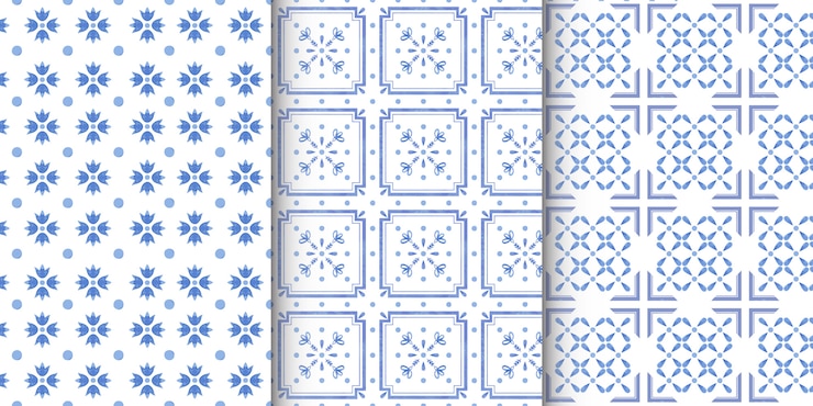 Conjunto de patrones sin fisuras acuarela con azulejos azul marino