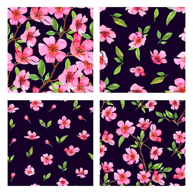 Conjunto de patrones sin fisuras de acuarela flor de cerezo. sakura hermosa plantilla floral de primavera. ilustración colorida sobre fondo negro.