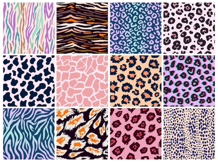 Vector conjunto de patrones sin fisuras de animales colección de pieles de mamíferos de color neón piel de impresión brillante depredadores de moda camuflaje guepardo jirafa cebra leopardo jaguar fondo imprimible ilustración vectorial