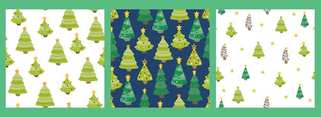 Conjunto de patrones sin fisuras con árboles de Navidad dibujados a mano. Fondo de vector colorido. Papel tapiz decorativo, muy adecuado para imprimir textiles, telas, papel tapiz, papel de regalo.