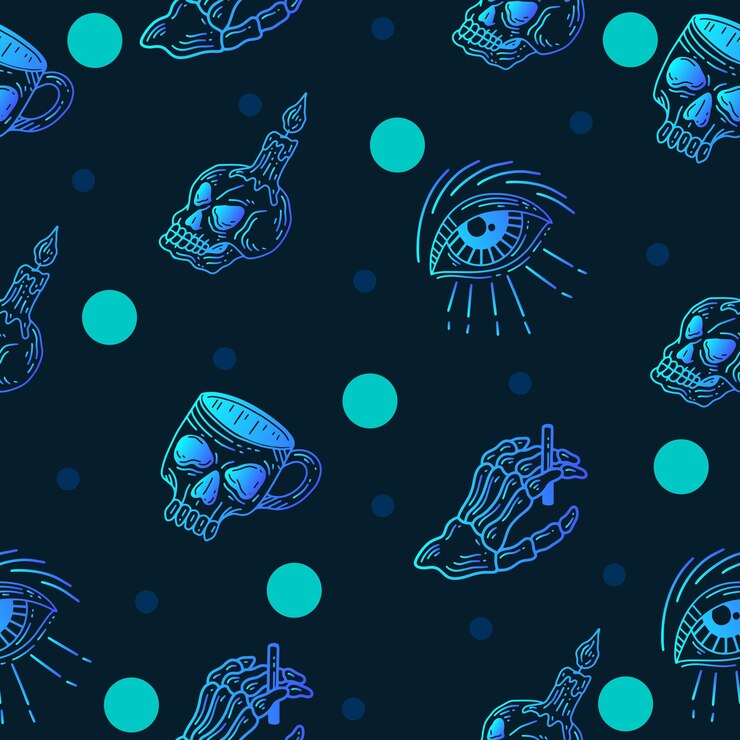 Vector conjunto de patrones sin fisuras azul místico celestial minimalismo simple símbolo de tatuaje con círculo azul objeto espacio garabato elementos esotéricos ilustración vintage azul oscuro