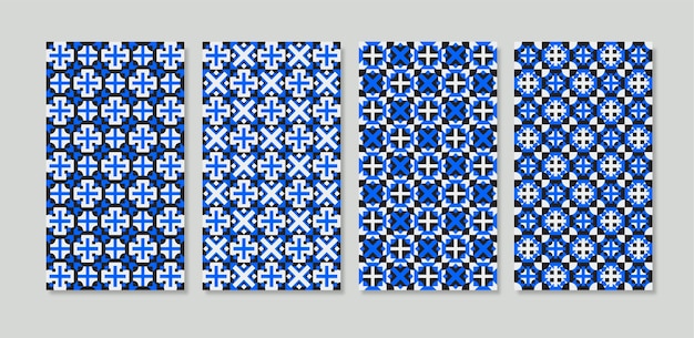 Conjunto de patrones sin fisuras de azulejo geométrico azul y negro