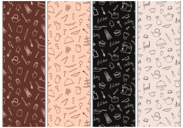 Conjunto de patrones sin fisuras de color marrón y beige con utensilios de cocina dibujados a mano. Fondos de pantalla de café oscuros y claros