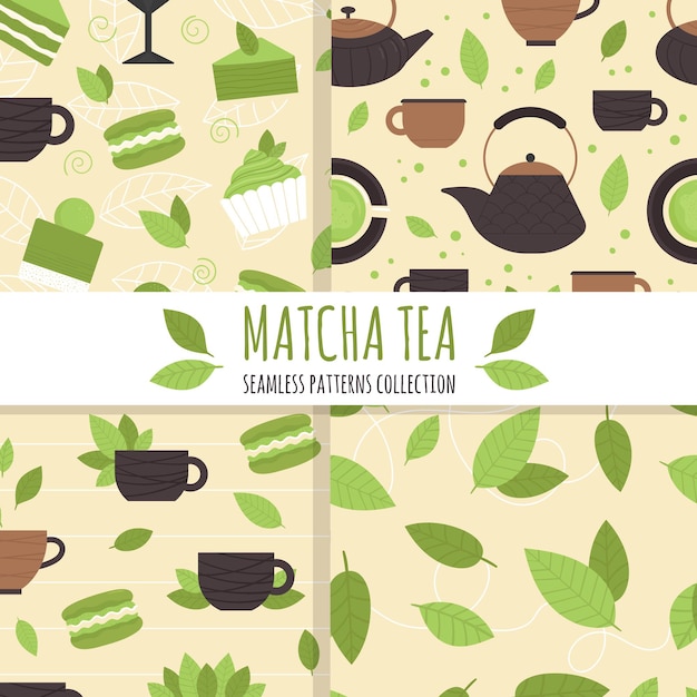 Vector conjunto de patrones sin fisuras con elementos de té matcha