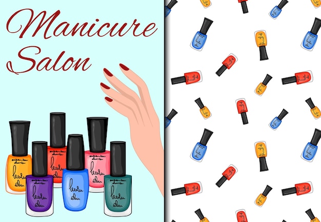 Vector conjunto con patrones sin fisuras y esmaltes de uñas estilo de dibujos animados