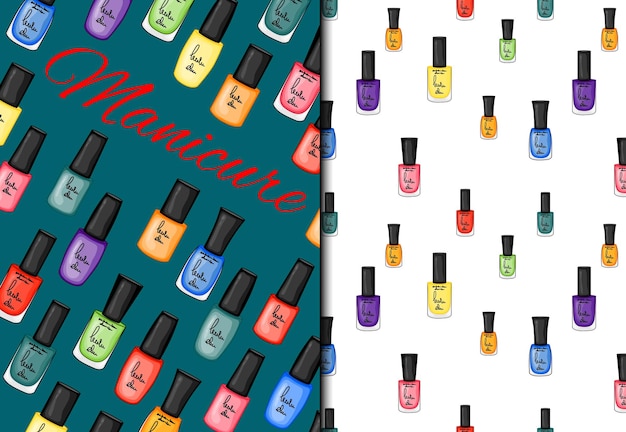 Conjunto con patrones sin fisuras y esmaltes de uñas Estilo de dibujos animados Ilustración vectorial