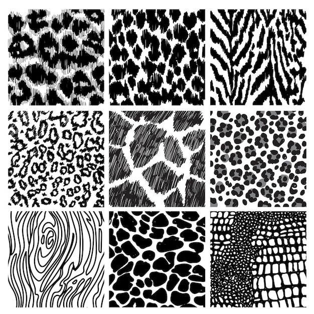 Conjunto de patrones sin fisuras con estampado de animales en blanco y negro