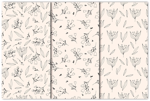 Conjunto de patrones sin fisuras en estilo floral sobre un fondo claro.Ilustración de vector