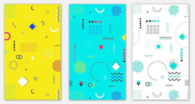 conjunto de patrones sin fisuras en estilo memphis. Elementos de diseño para portada de libro, folleto, revista, volante