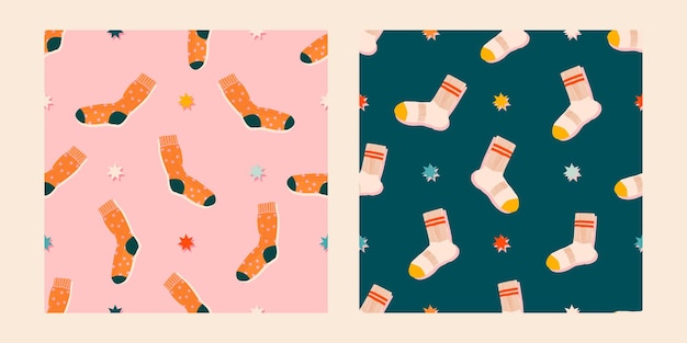 Conjunto de patrones sin fisuras de estrellas y calcetines de navidad. calcetines de dibujos animados coloridos dibujados a mano en el fondo.