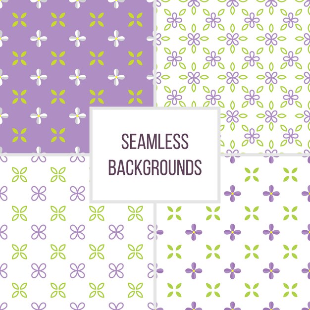 Conjunto de patrones sin fisuras con flor lila y hoja. Vector de fondo floral.