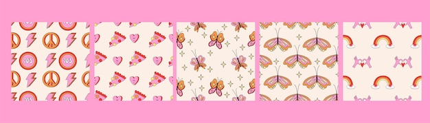 Conjunto de patrones sin fisuras de flor de margarita retro. 1970 vibraciones retro floral fondos transparentes