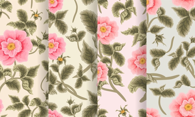 Conjunto de patrones sin fisuras de flor de rosa de jardín estético vintage para decoración de fondo de papel de tela