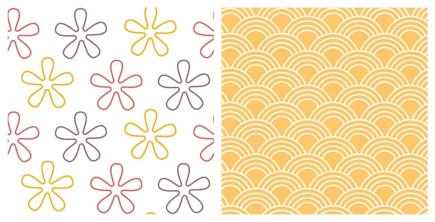 Conjunto de patrones sin fisuras con flores de garabato dibujadas a mano y onda japonesa sobre fondo aislado