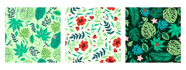 Vector conjunto de patrones sin fisuras con flores y hojas tropicales.