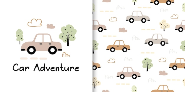Conjunto de patrones sin fisuras con fondo de coche lindo Árbol de coche de dibujos animados y nube Ilustración vectorial