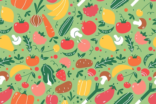 Conjunto de patrones sin fisuras de frutas. Dibujado a mano doodle frutas y bayas nutrición vegana o menú de comida vegetariana sandía mango plátano y fresa.