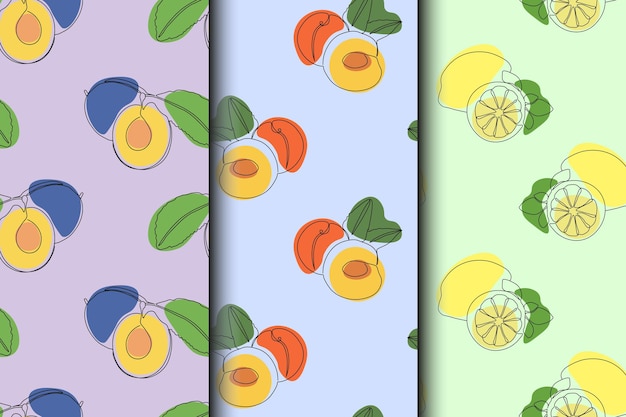 Conjunto de patrones sin fisuras de frutas dibujo continuo de una línea ciruela melocotón limón concepto vegano