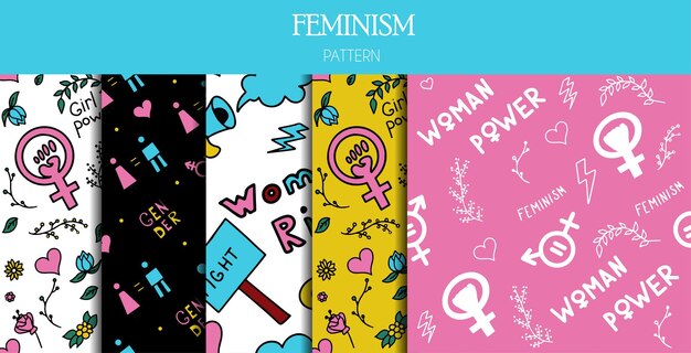 Conjunto de patrones sin fisuras garabatos signos de feminismo derechos de las mujeres Iconos vectoriales dibujados a mano grunge de símbolos de protesta del feminismo Un mitin para luchar por los derechos de voto