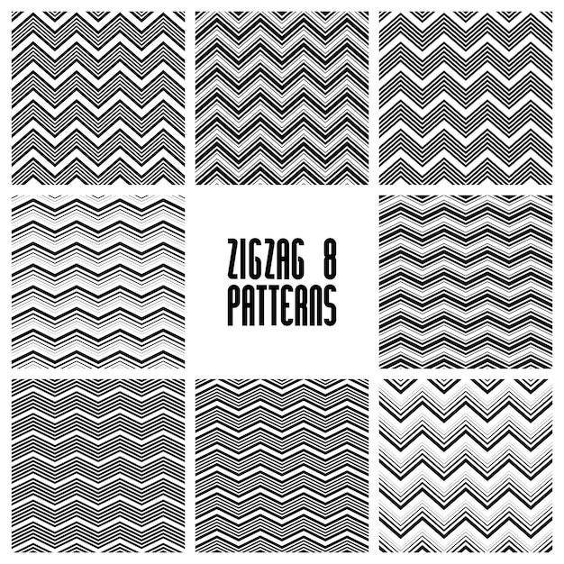 Conjunto de patrones sin fisuras geométricos en blanco y negro en zig zag, colección de fondos vectoriales