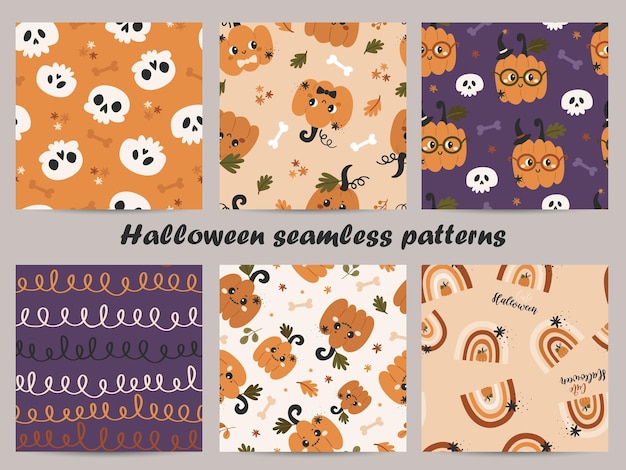 Conjunto de patrones sin fisuras de halloween. ilustración de vector de papel de regalo y scrapbooking