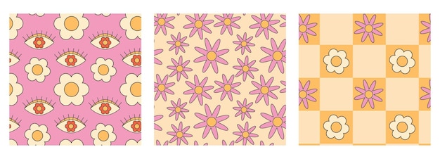Conjunto de patrones sin fisuras hippie groovy retro Patrón geométrico abstracto sin fisuras Fondo floral