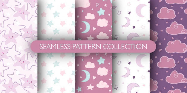 Conjunto de patrones sin fisuras lindo para bebé. Estrellas, nubes, colección de patrones de luna.
