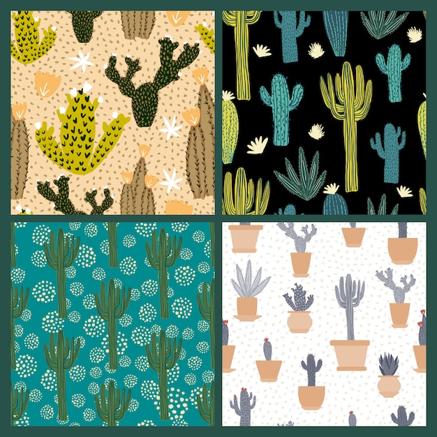 Conjunto de patrones sin fisuras lindo cactus. colección de cactus exóticos bosquejo de papel tapiz.