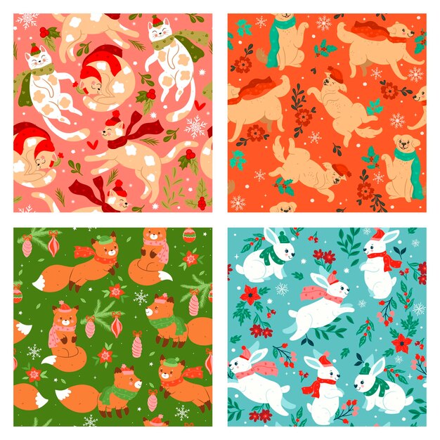 Conjunto de patrones sin fisuras con lindos animales en sombreros y bufandas Gráficos vectoriales