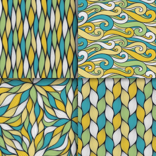 Conjunto de patrones sin fisuras de líneas onduladas abstractas Orgánico floral como ilustración vectorial Colección de fondo de mosaico sin costuras de colores brillantes