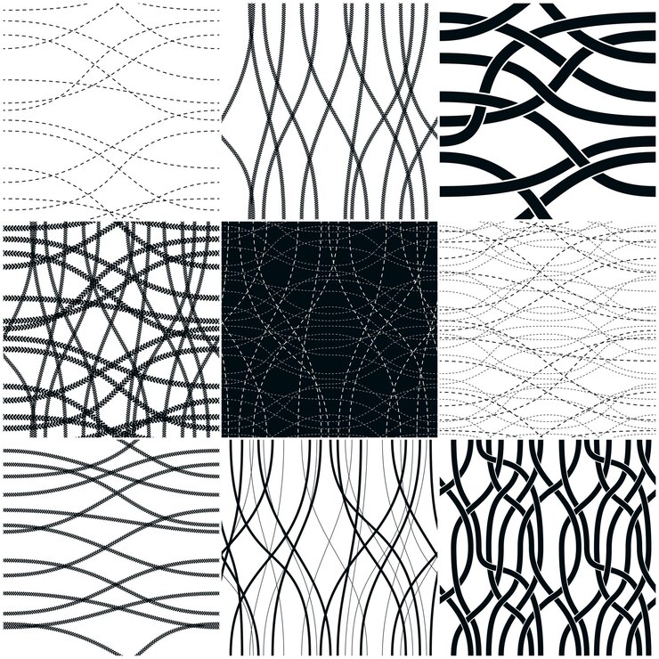 Vector conjunto de patrones sin fisuras de líneas onduladas curvas, colección de fondos interminables de repetición vectorial, rayas enredadas motivos de papel tapiz de mosaico de moda. utilizable para tela, papel tapiz, envoltura, web e impresión. color único