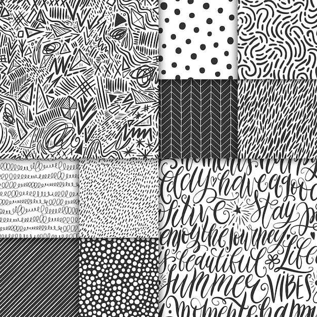 Conjunto de patrones sin fisuras minimalistas simples geométricos dibujados a mano abstractos Letras de mano