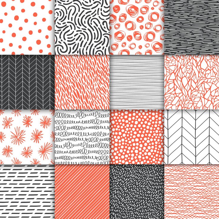 Vector conjunto de patrones sin fisuras minimalistas simples geométricos dibujados a mano abstractos ondas de rayas de lunares