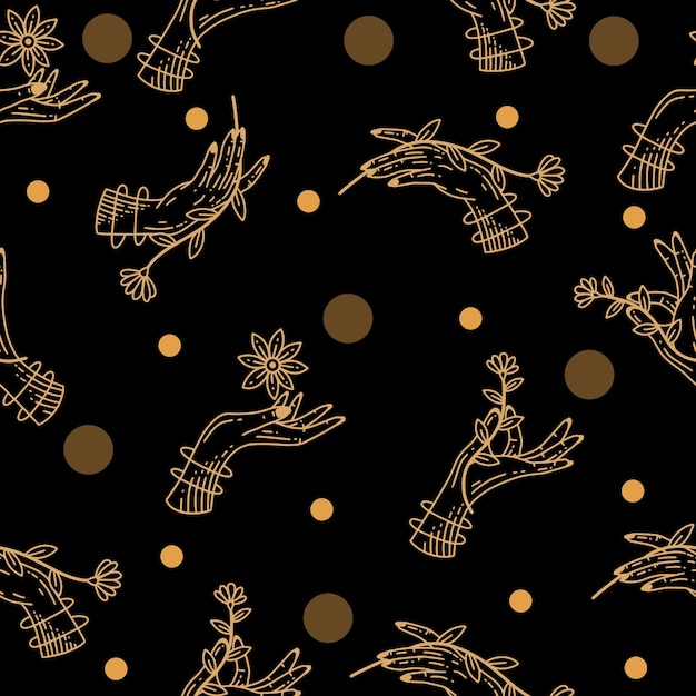 Conjunto de patrones sin fisuras místico celestial minimalismo simple símbolo de tatuaje con oro círculo aleatorio objeto espacio doodle elementos esotéricos ilustración vintage negro oscuro