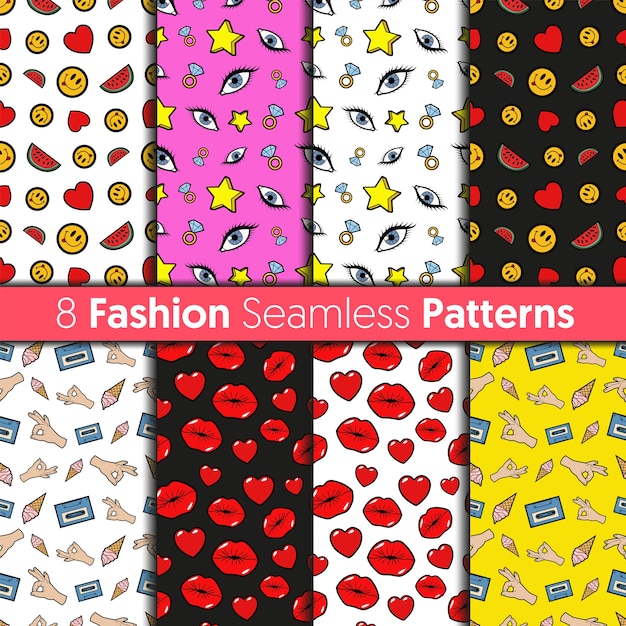 Conjunto de patrones sin fisuras de moda. Corazones, labios, ojos, estrellas y emoticonos Fondos de moda en estilo cómic retro