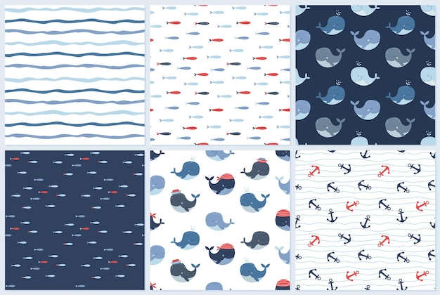 Conjunto de patrones sin fisuras náuticos con anclas, peces, ballenas y olas fondo transparente de vector para fondos de pantalla de textiles para niños, etc.