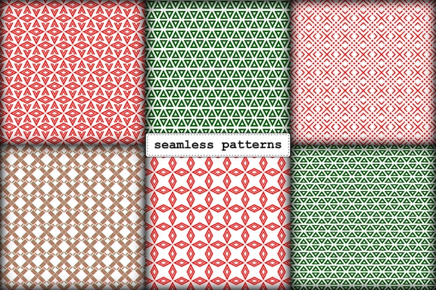 Conjunto de patrones sin fisuras de Navidad de elementos geométricos simples en la paleta de color verde rojo festivo tradicional de año nuevo ilustración interminable para empaquetar cajas de regalo de tarjetas de papel de regalo