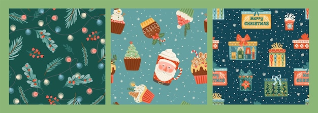 Conjunto de patrones sin fisuras de Navidad y feliz año nuevo con dulces navideños, cajas de regalo, ramitas de abeto.