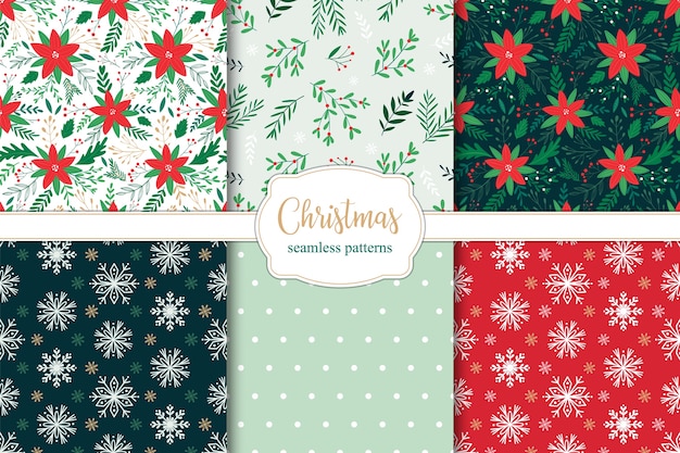 Conjunto de patrones sin fisuras de Navidad con ramas de poinsettia, hojas y bayas y copos de nieve.