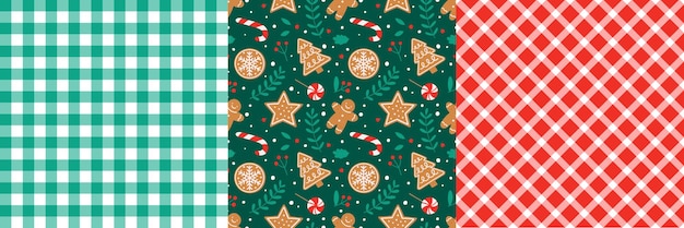 Conjunto de patrones sin fisuras navideños a juego Bastón de caramelo de galleta de jengibre y fondo a cuadros para papel de regalo de tela textil